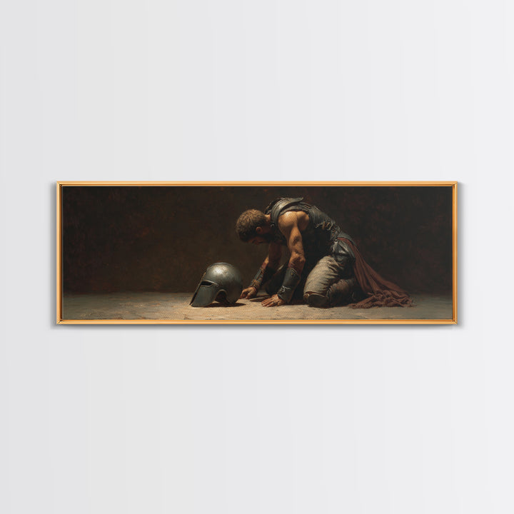 Kneeling Gladiator With Helmet Framed Canvas Print, Dark Academia Wall Art, Classical Warrior Decor, Gift For Him, Office Decor