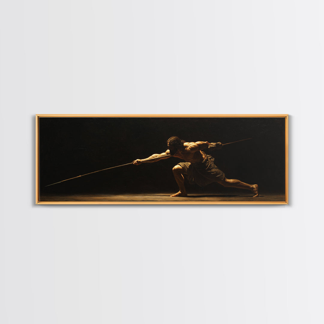 Spear Warrior In Dramatic Shadow Framed Canvas Print, Ancient Fighter Wall Art, Black And Gold Decor, Masculine Office Gift