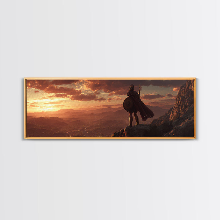 Lone Warrior Over Mountain Valley Sunset Wall Art, Epic Fantasy Landscape, Medieval Adventure Decor, Panoramic Canvas Print