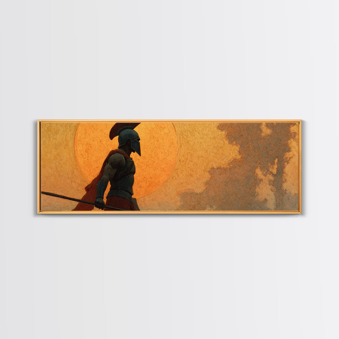 Ancient Greek Warrior Silhouette Wall Art, Spartan Spear Canvas Print, Mythology Decor, Masculine Office Art, Gift For Him