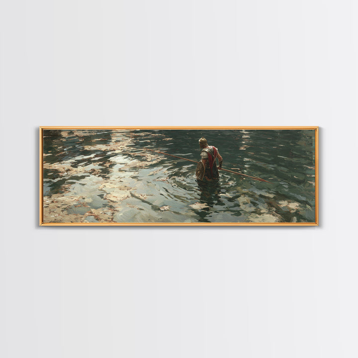 Armored Warrior Wading Through Reflective Water Wall Art, Ancient Spear Soldier, Moody Seascape Decor, Canvas Print Gift