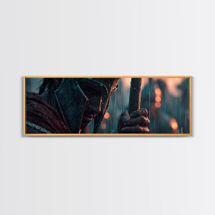 Rain Soaked Armored Warrior Portrait Wall Art, Cinematic Fantasy Canvas Print, Dark Battle Decor, Masculine Office Poster