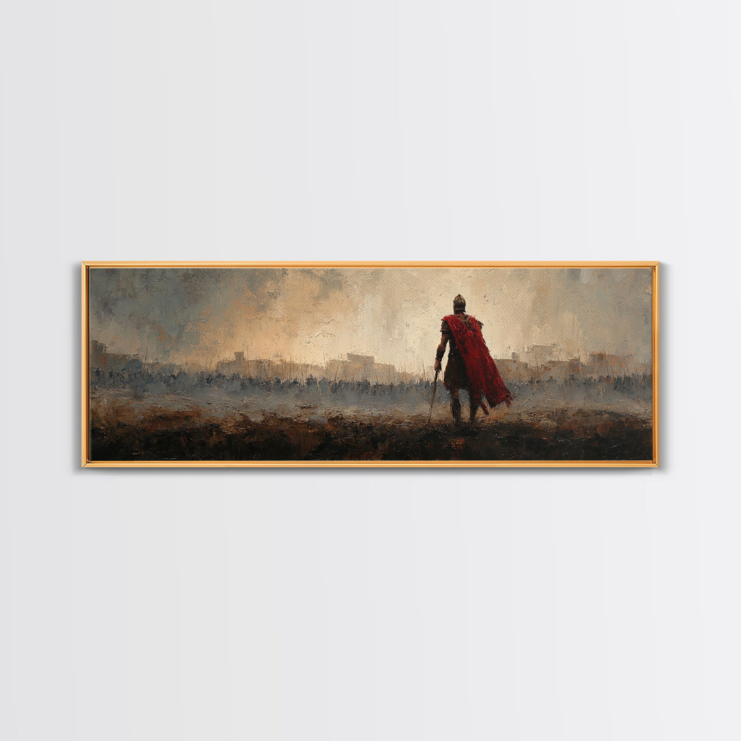 Roman Warrior In Red Cape Over Ancient City Canvas Print, Classical Wall Art, Masculine Office Decor, Historical Gift For Him
