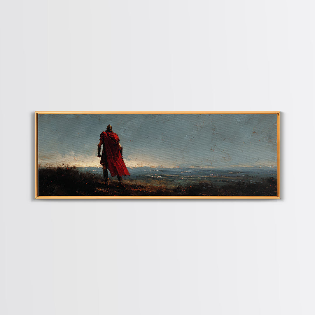 Lone Warrior In Red Cloak Wall Art, Epic Fantasy Landscape Canvas Print, Moody Medieval Decor, Statement Artwork, Gift For Him