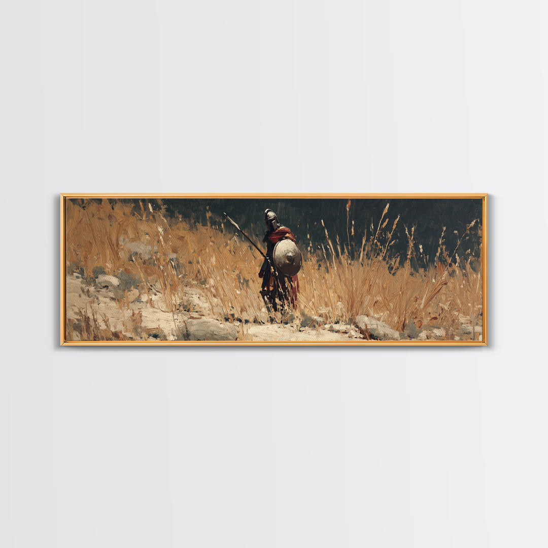 Lone Ancient Warrior In Golden Grass Framed Canvas Print, Historical Wall Art, Rustic Home Decor, Masculine Office Decor