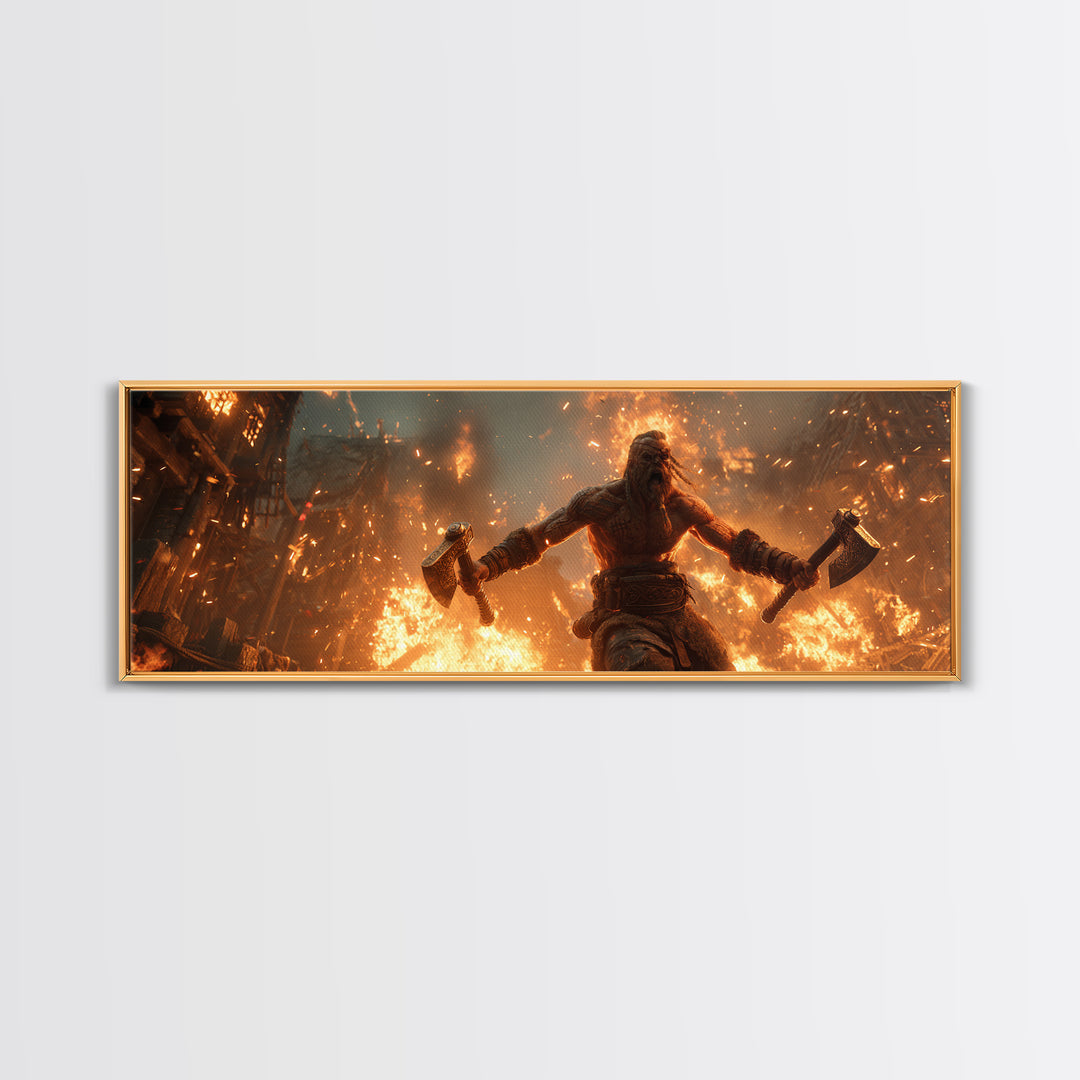 Viking Berserker With Twin Axes Wall Art, Burning Village Battle Scene, Norse Warrior Decor, Dark Fantasy Canvas Print, Large Art