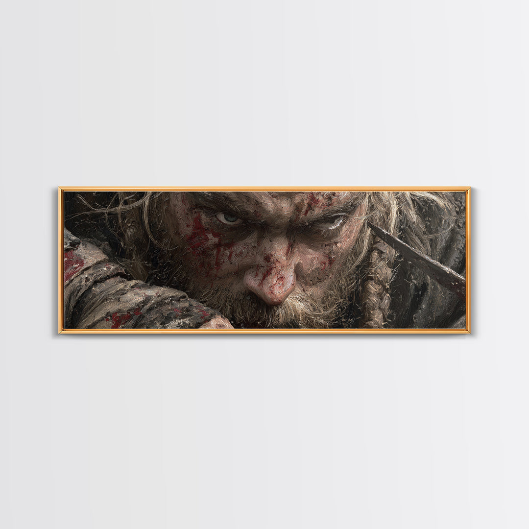 Bloodied Viking Warrior Close Up Framed Canvas Print, Dark Fantasy Portrait, Norse Wall Art, Masculine Man Cave Decor, Gift For Him