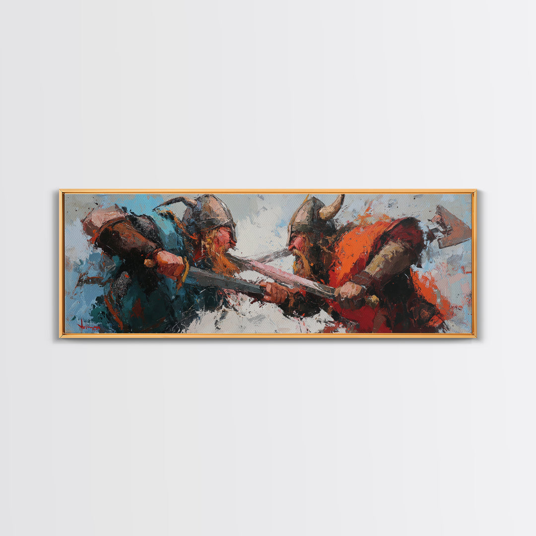 Viking Warriors Clashing With Axes Canvas Print, Norse Wall Art, Dark Fantasy Decor, Medieval Battle Artwork For Him, Man Cave Decor