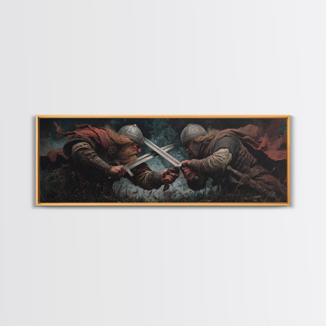 Viking Duel With Crossed Swords Framed Canvas Print, Dark Fantasy Wall Art, Medieval Warrior Decor, Man Cave Art, Gift For Him