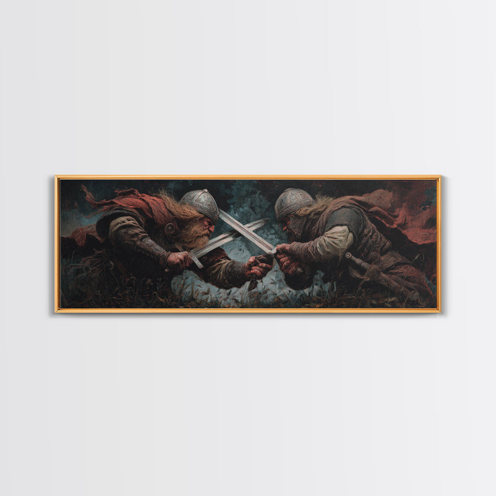 Viking Duel With Crossed Swords Framed Canvas Print, Dark Fantasy Wall Art, Medieval Warrior Decor, Man Cave Art, Gift For Him