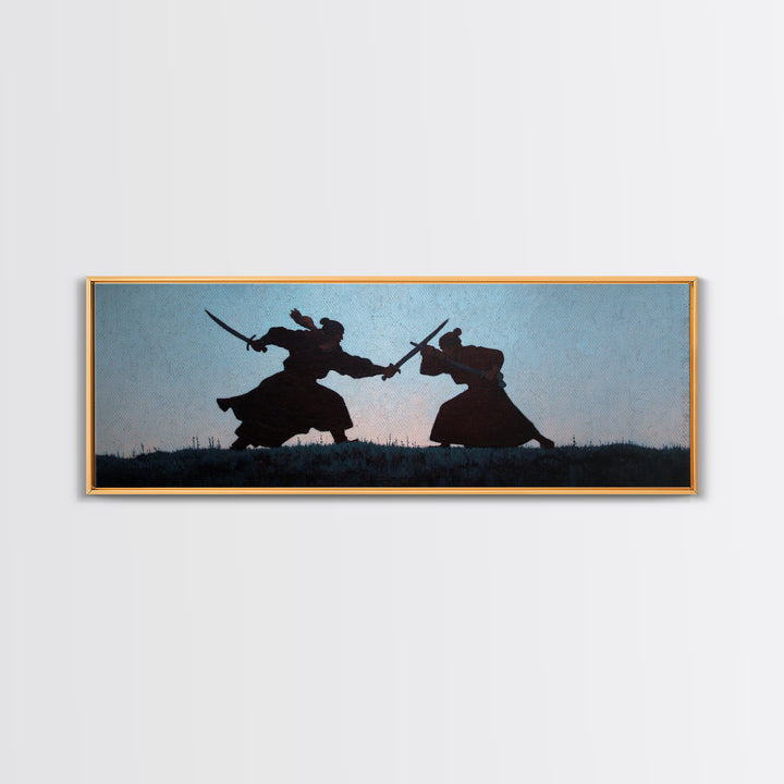 Samurai Duel Silhouette Wall Art, Japanese Warrior Canvas Print, Minimal Black And White Decor For Office And Living Room