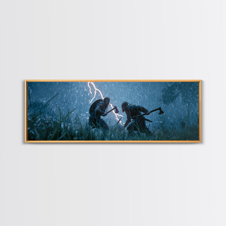Viking Warriors In Lightning Rain Canvas Print, Dark Medieval Battle Wall Art, Stormy Fantasy Decor, Dramatic Game Room Decor
