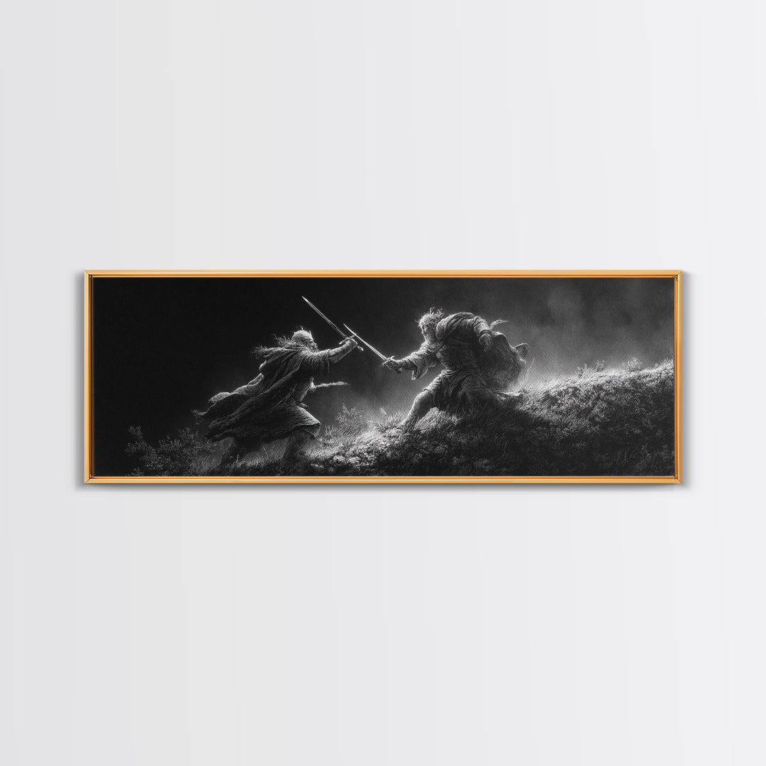 Black And White Warrior Duel Wall Art, Dark Fantasy Battle Print, Cinematic Viking Decor, Masculine Office, Gift For Him