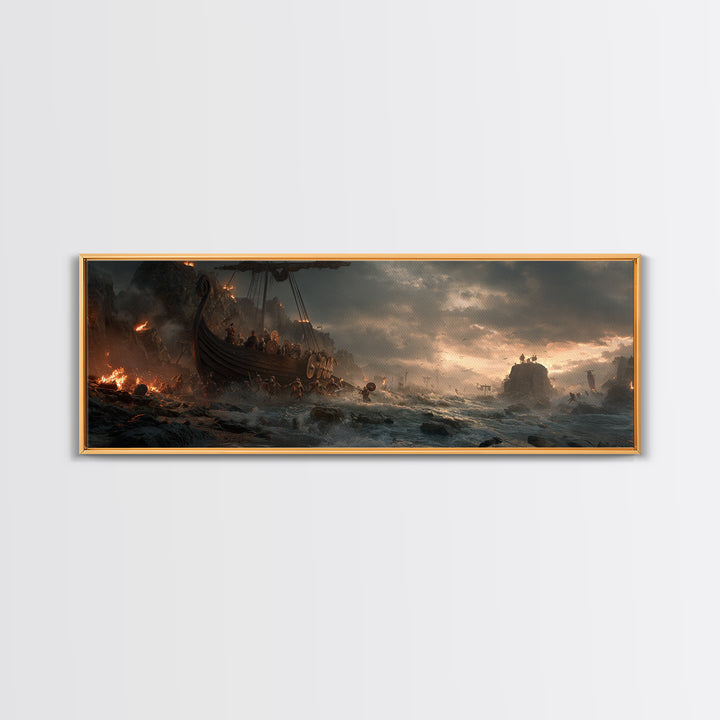 Viking Longship Landing On Stormy Shore Wall Art, Norse Battle Seascape, Dark Fantasy Decor, Dramatic Nautical Canvas Print
