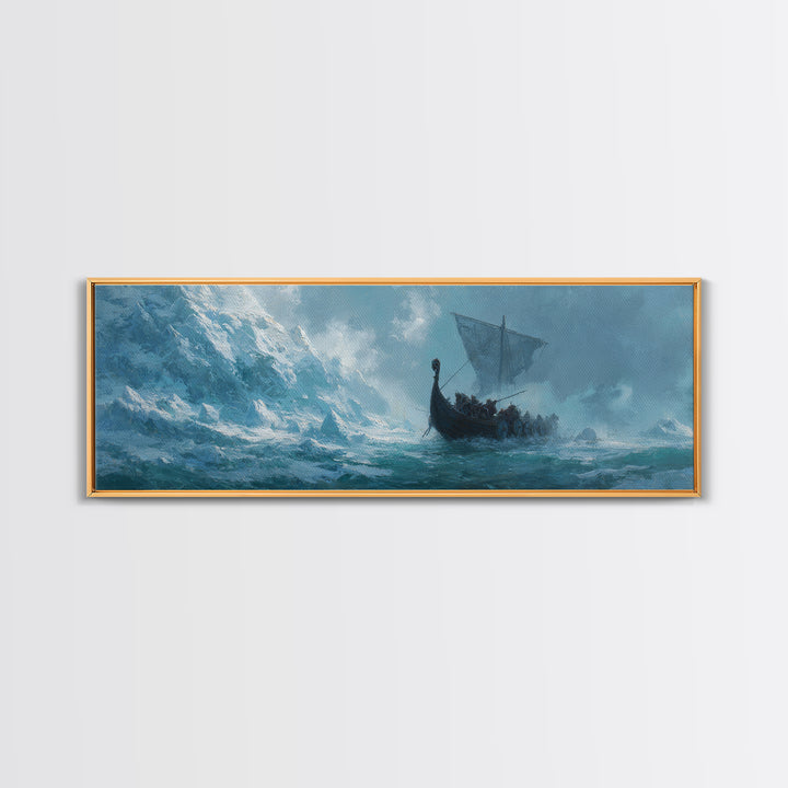 Viking Longship On Stormy Sea Wall Art, Nordic Ocean Seascape Painting, Nautical Living Room Decor, Adventure Gift For Him