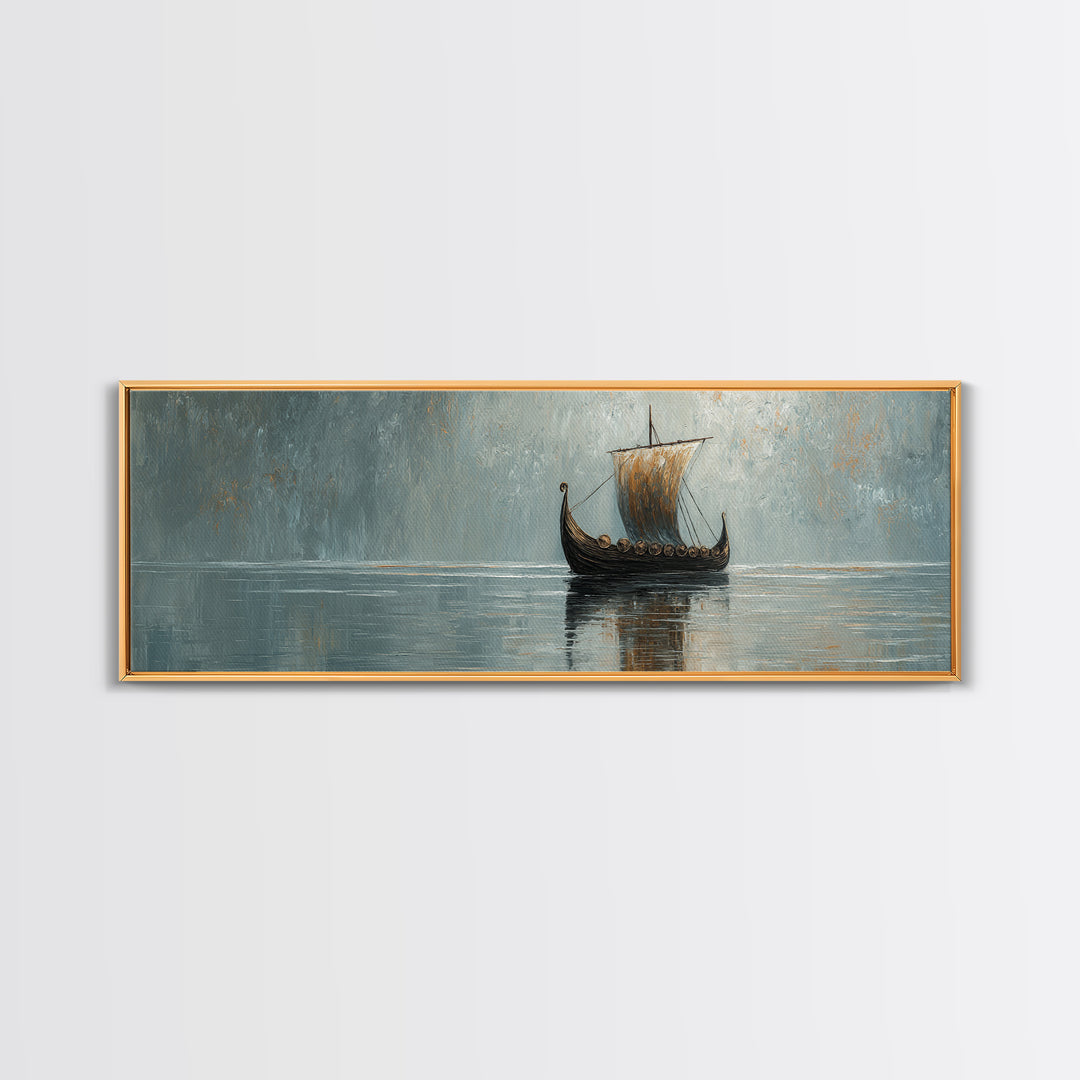 Viking Longship Sailing Through Misty Waters Canvas Print, Nautical Wall Art, Nordic Decor, Lake House Coastal Artwork Gift