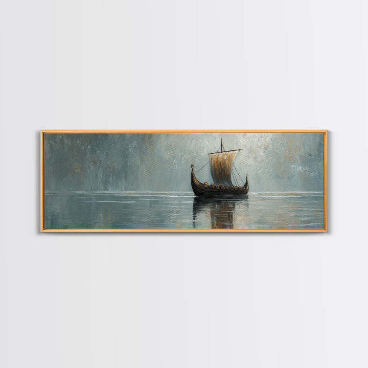 Viking Longship Sailing Through Misty Waters Canvas Print, Nautical Wall Art, Nordic Decor, Lake House Coastal Artwork Gift