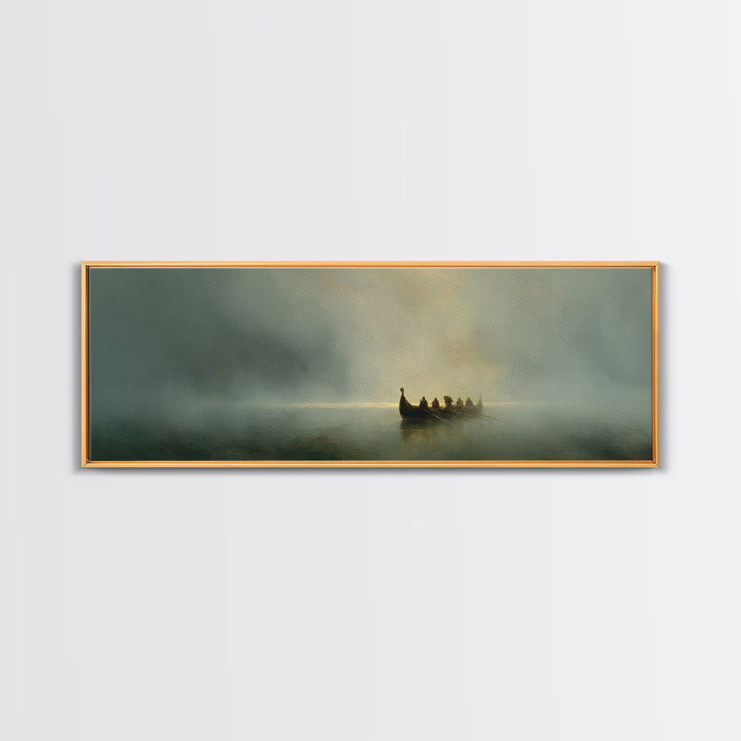 Misty Boat On Silent Lake Framed Canvas Print, Moody Seascape Wall Art, Serene Landscape Decor, Peaceful Home Gift Print