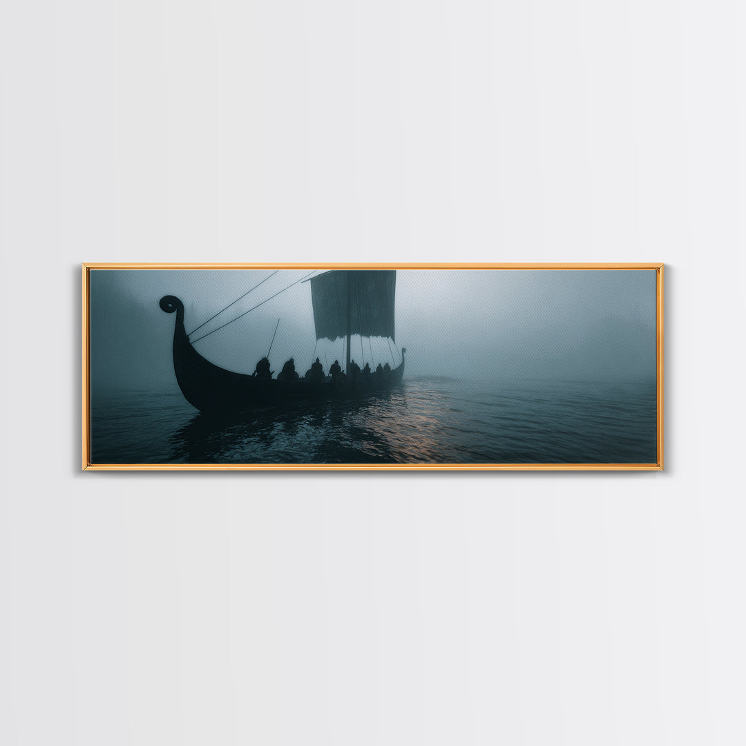Viking Longship In Misty Waters Wall Art, Nordic Seascape Canvas Print, Nautical Coastal Decor, Moody Living Room Art Print