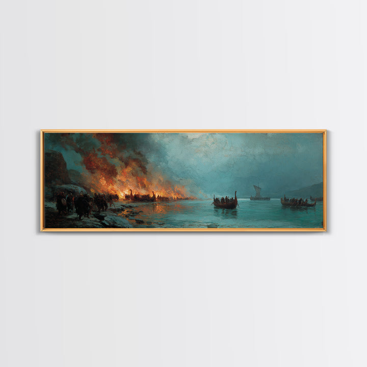 Viking Longboats By Burning Shore Framed Canvas Print, Nordic Seascape, Historical Wall Art, Moody Nautical Decor, Large Horizontal Art