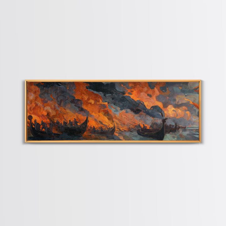 Burning Viking Longships Framed Canvas Print, Fiery Battle Seascape Wall Art, Norse Saga Decor, Dark Coastal Artwork For Men