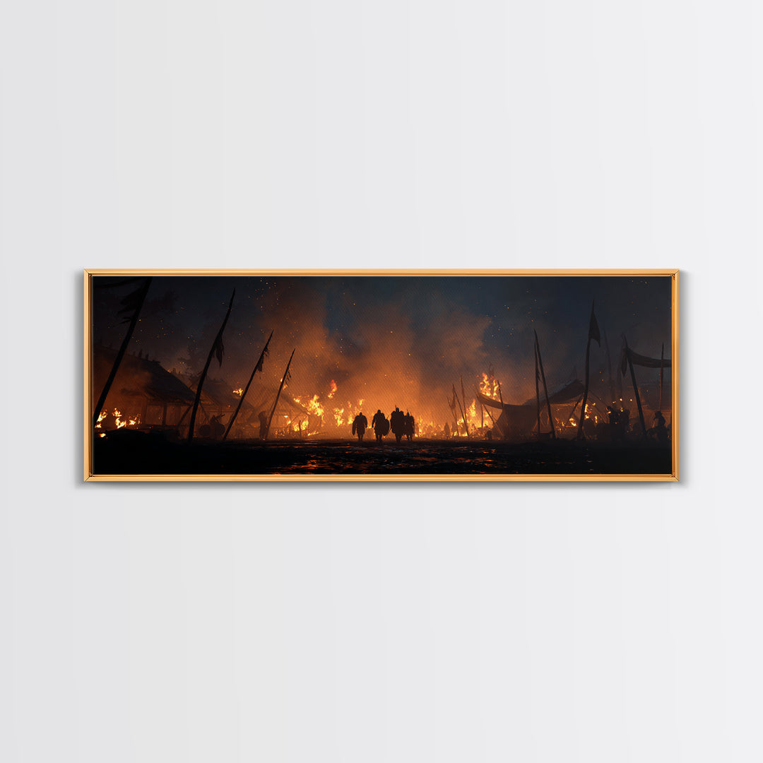 Burning Medieval Camp At Night Wall Art, Dark Fantasy Canvas Print, Fiery Battle Scene, Gothic Game Room Decor, Masculine Wall Decor