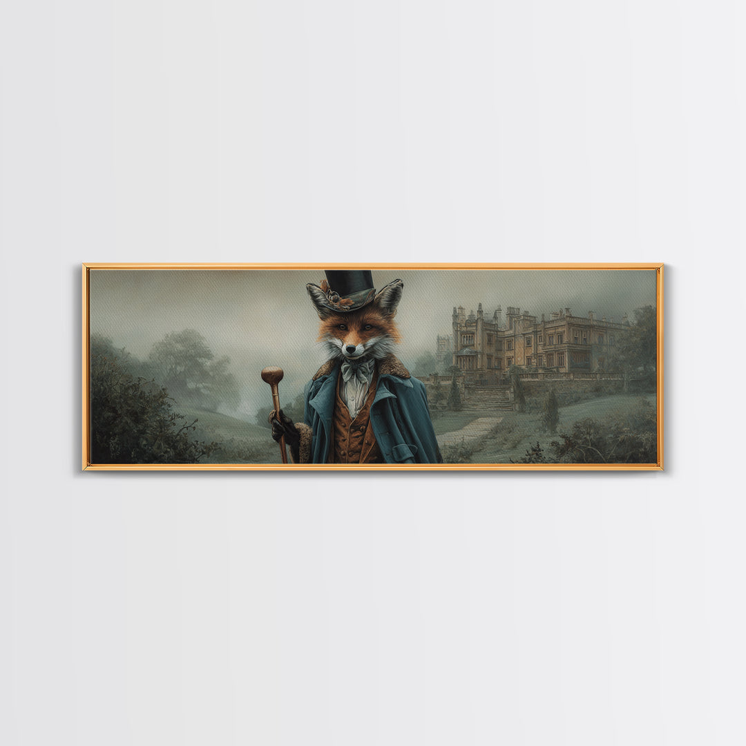 Victorian Fox Gentleman At Misty Manor Framed Canvas Print, Whimsical Animal Portrait, Dark Academia Country House Wall Art