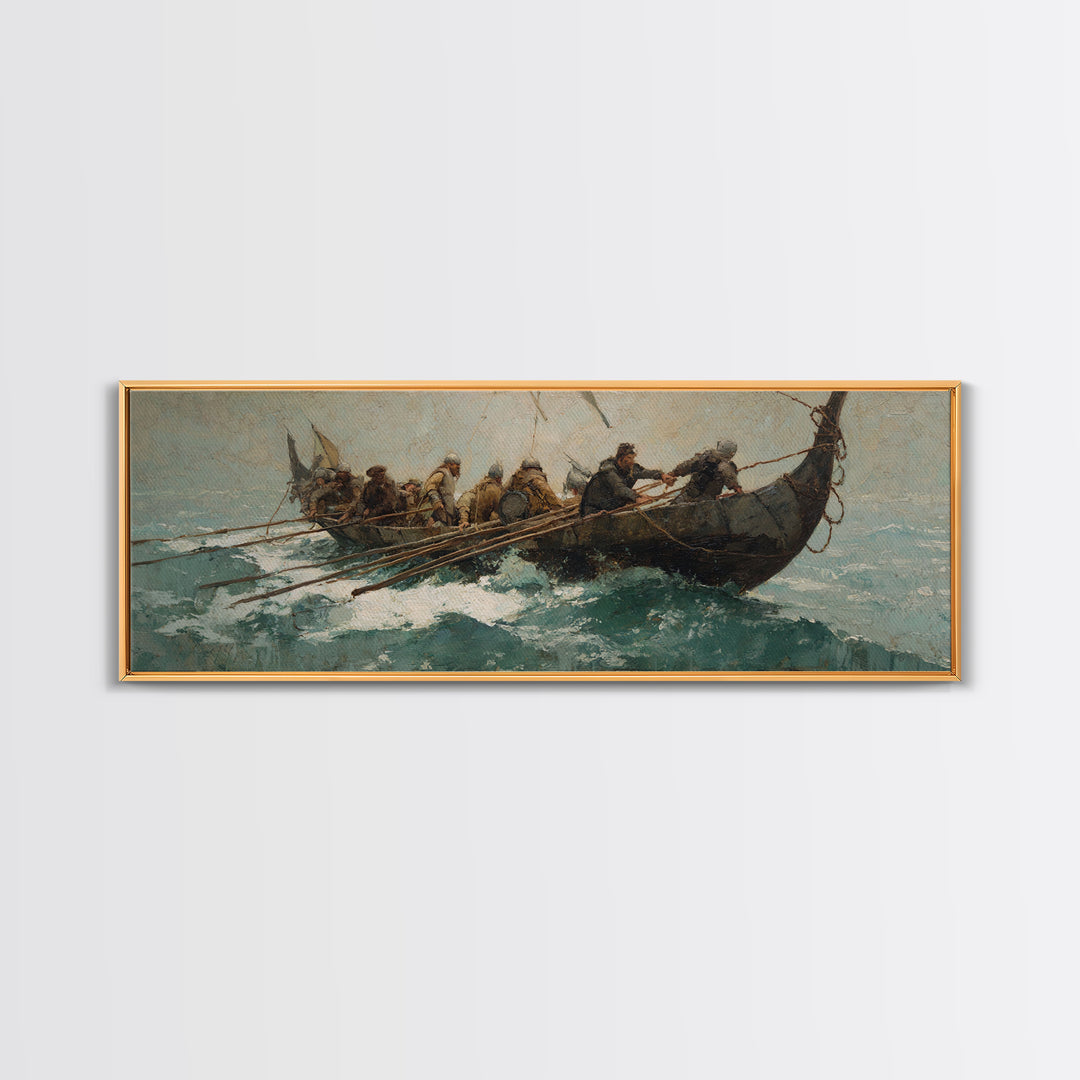 Viking Longboat Battling Turquoise Sea Wall Art, Nautical Canvas Print, Norse Warrior Decor, Coastal Historical Art For Men
