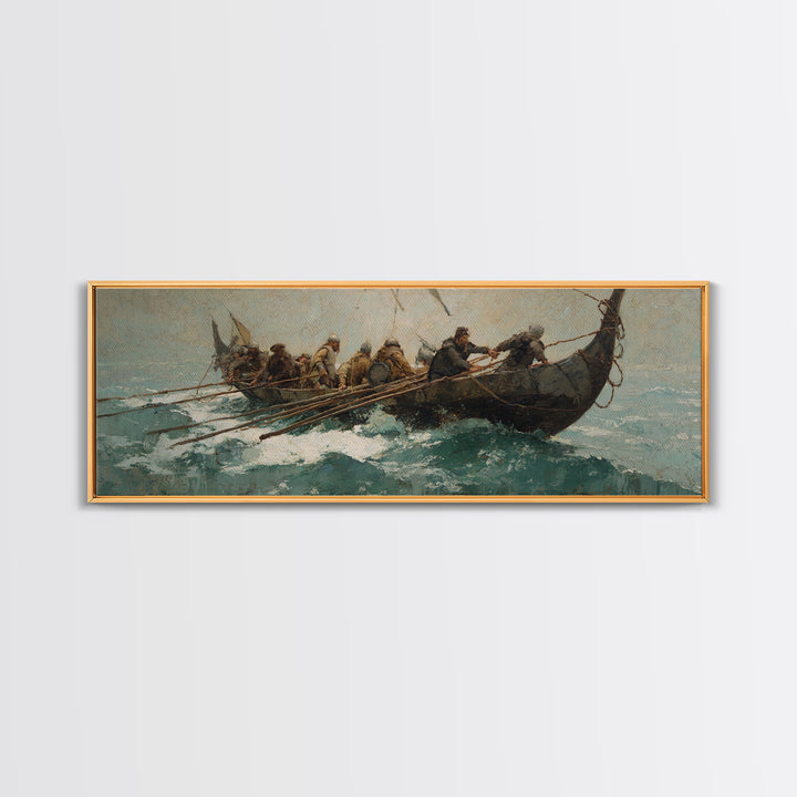 Viking Longboat Battling Turquoise Sea Wall Art, Nautical Canvas Print, Norse Warrior Decor, Coastal Historical Art For Men