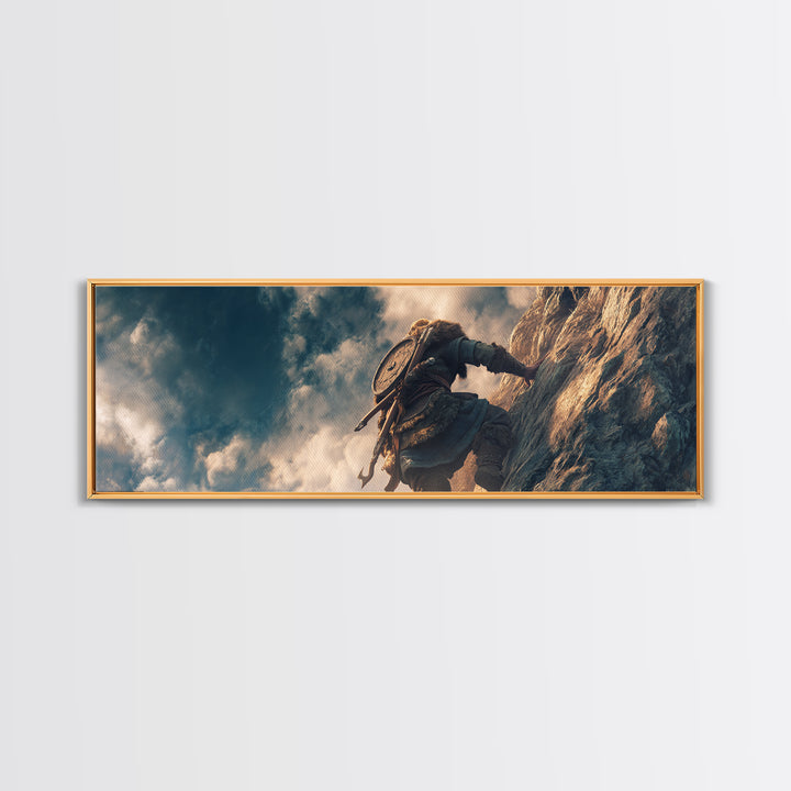 Viking Climber Scaling Sheer Cliff Wall Art, Adventure Fantasy Canvas Print, Nordic Landscape Decor, Gift For Him, Office Poster