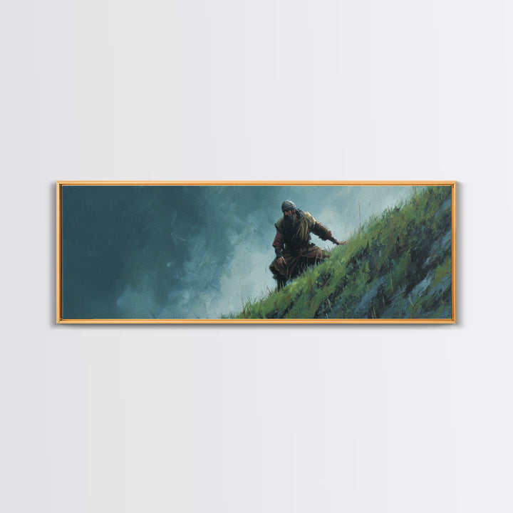 Warrior Climbing Windy Green Cliff Framed Canvas Print, Adventure Fantasy Wall Art, Moody Nature Decor For Office And Bedroom