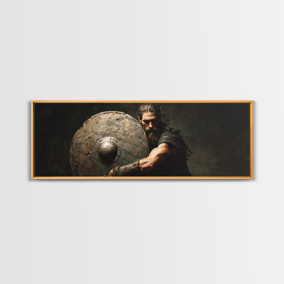 Dark Viking Warrior With Weathered Shield Wall Art, Norse Battle Portrait, Masculine Office Decor, Gothic Man Cave Decor Gift