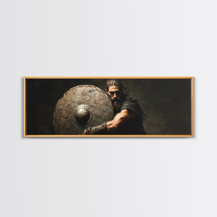 Dark Viking Warrior With Weathered Shield Wall Art, Norse Battle Portrait, Masculine Office Decor, Gothic Man Cave Decor Gift