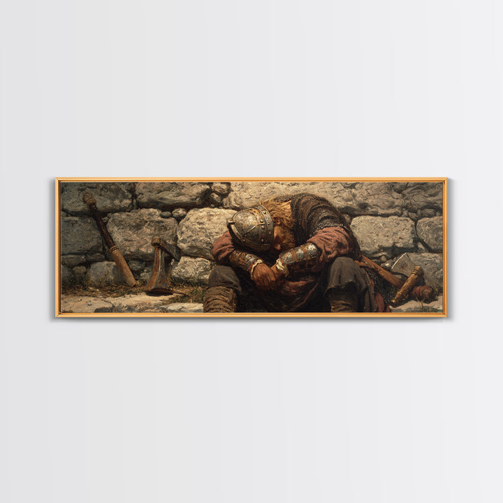 Weary Viking Resting By Stone Wall Framed Canvas Print, Norse Warrior Art, Rustic Medieval Decor, Dark Academia Gift Print