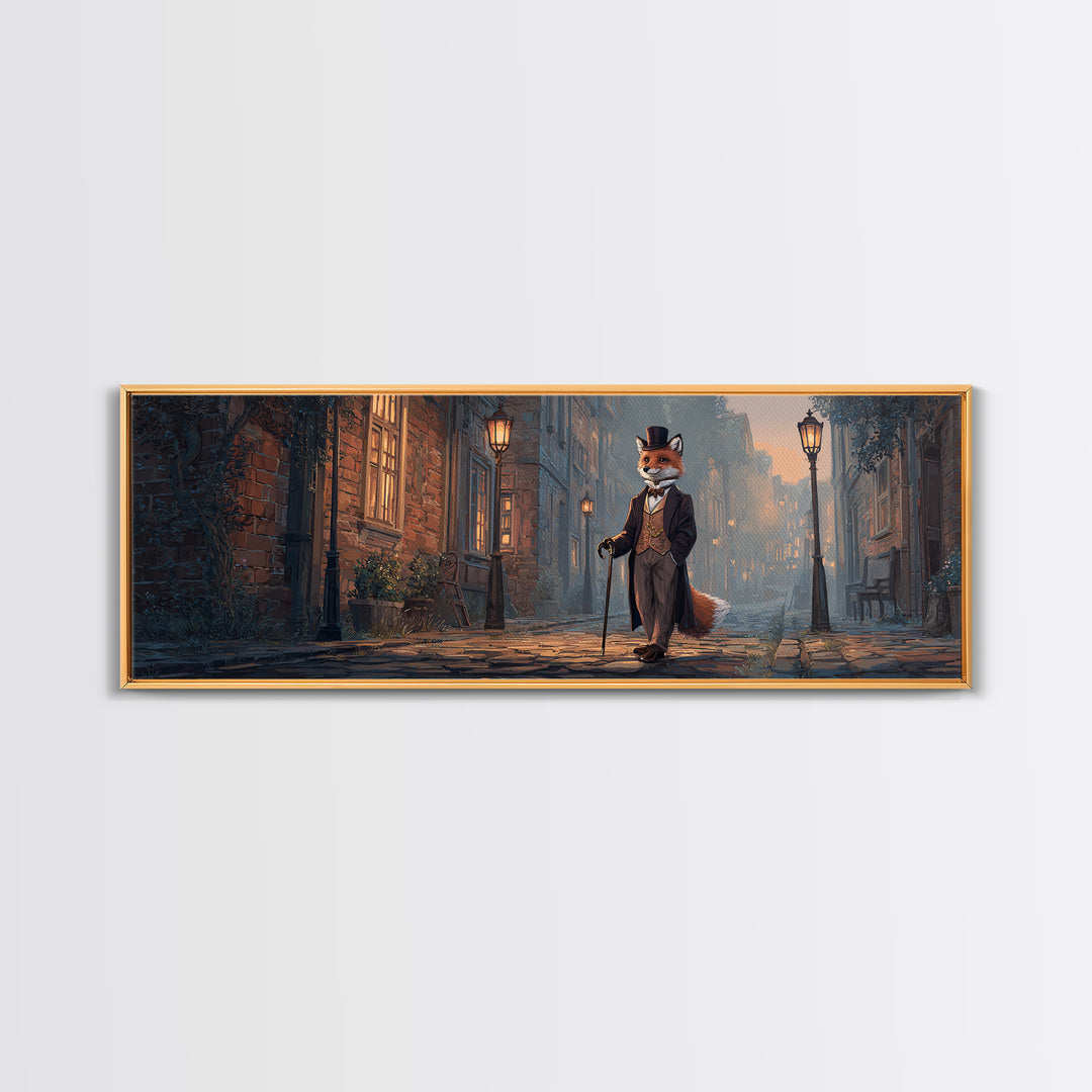 Top Hat Fox On Gaslit Cobblestone Street Wall Art, Whimsical Animal Portrait Canvas, Victorian Kids Room Nursery Decor Print