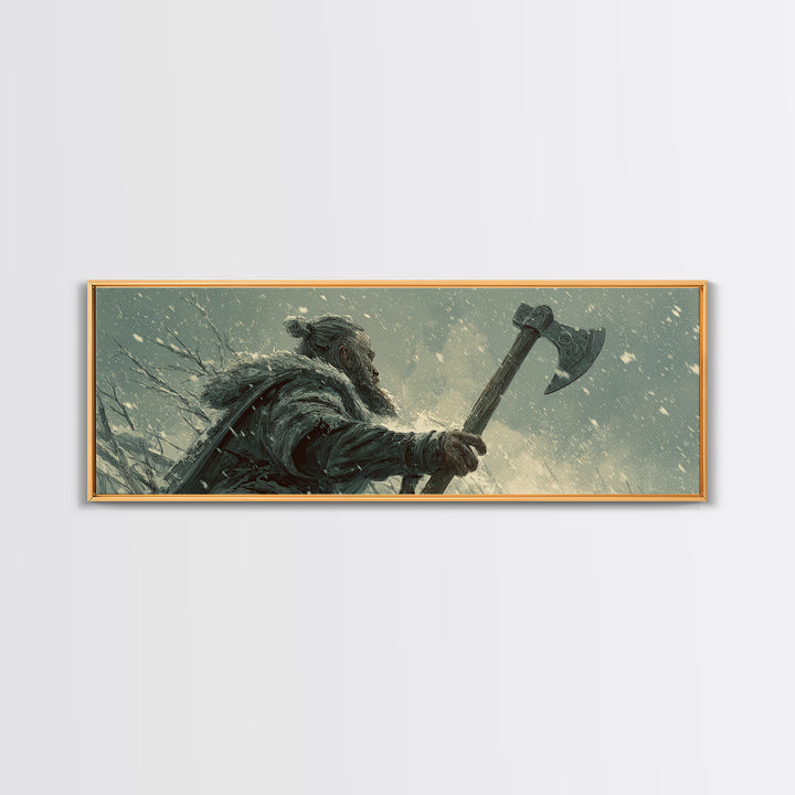 Snowy Viking Warrior With Battle Axe Wall Art, Dark Fantasy Winter Canvas Print, Nordic Masculine Office And Cabin Decor