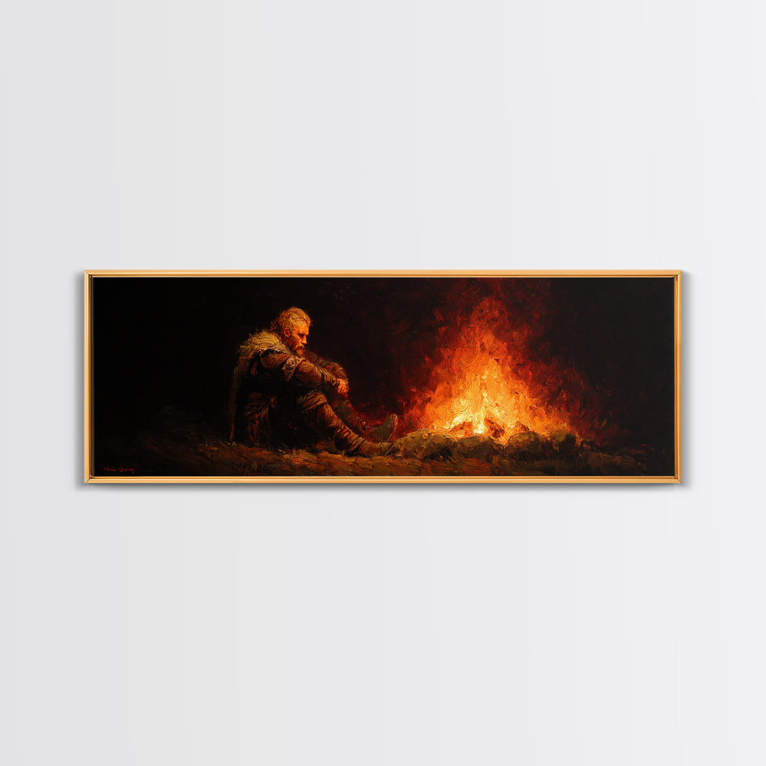 Lonely Traveler Campfire Canvas Print, Dark Fantasy Wall Art, Moody Wilderness Decor, Survival Poster, Rustic Cabin Gift