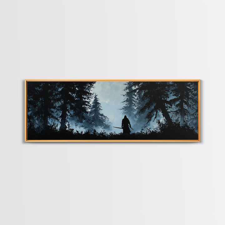 Shadowed Warrior In Misty Pine Forest Wall Art, Dark Fantasy Canvas Print, Moody Woodland Decor, Rustic Cabin Wall Decor