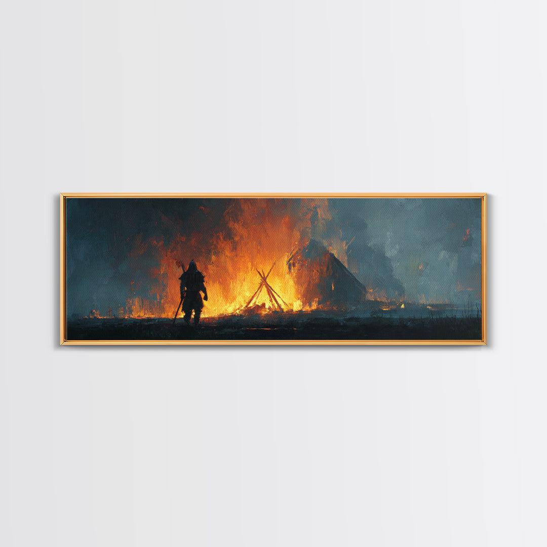 Warrior Before Blazing Village Fire Canvas Print, Dark Fantasy Wall Art, Medieval Battle Decor, Moody Rustic Home Decor Print