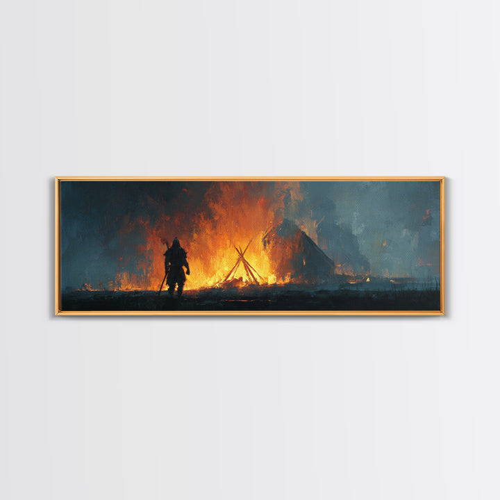 Warrior Before Blazing Village Fire Canvas Print, Dark Fantasy Wall Art, Medieval Battle Decor, Moody Rustic Home Decor Print