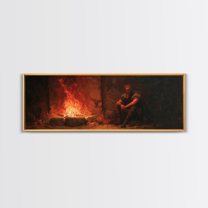 Brooding Medieval Warrior Beside Fiery Hearth Canvas Print, Moody Dark Fantasy Wall Art, Rustic Man Cave Decor Gift For Him