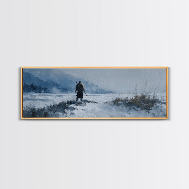 Lone Warrior Crossing Snowy Mountain Valley Wall Art, Winter Landscape Canvas Print, Rustic Cabin Decor, Adventure Gift Idea