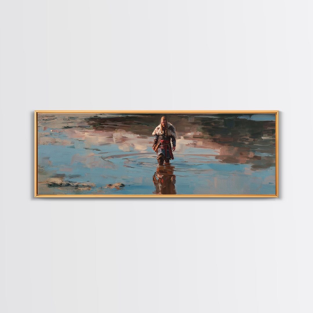 Viking Warrior Walking Through Water Canvas Print, Nordic Fantasy Landscape Wall Art, Rustic Masculine Decor For Home Office