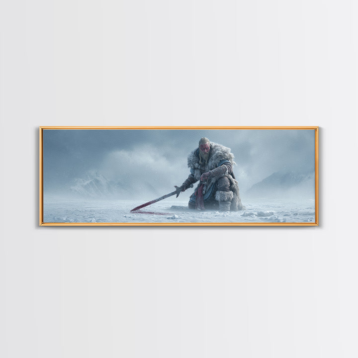 Frost Giant Warrior Kneeling In Snow Framed Canvas Print, Dark Fantasy Wall Art, Winter Mountain Decor, Epic Sword Artwork