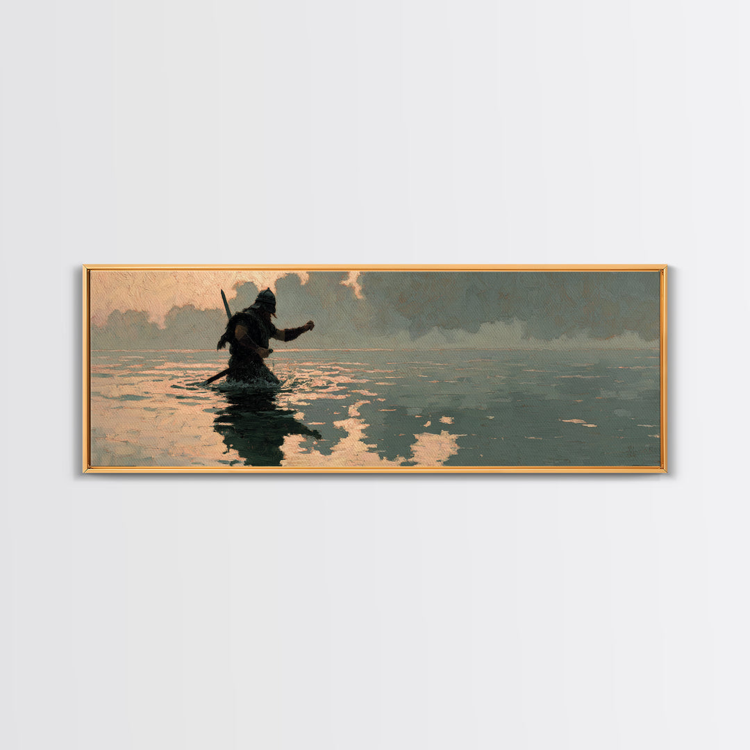Lone Warrior Wading Through Water Wall Art, Moody Seascape Painting, Dark Fantasy Decor, Cinematic Living Room Print, Gift For Him