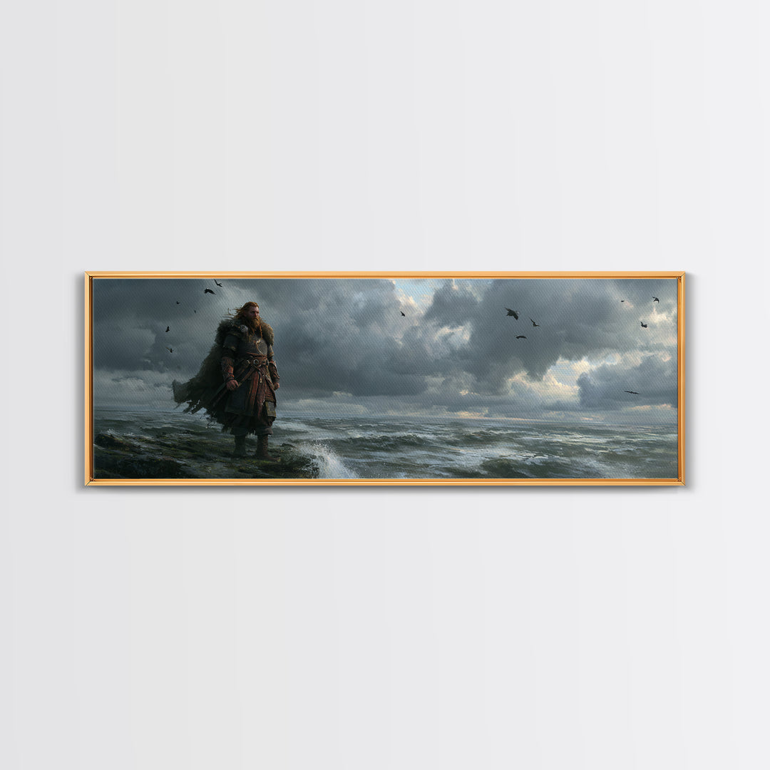 Stormy Viking By Rough Sea Framed Canvas Print, Dark Nordic Warrior Wall Decor, Raven Coastal Fantasy Art For Living Room