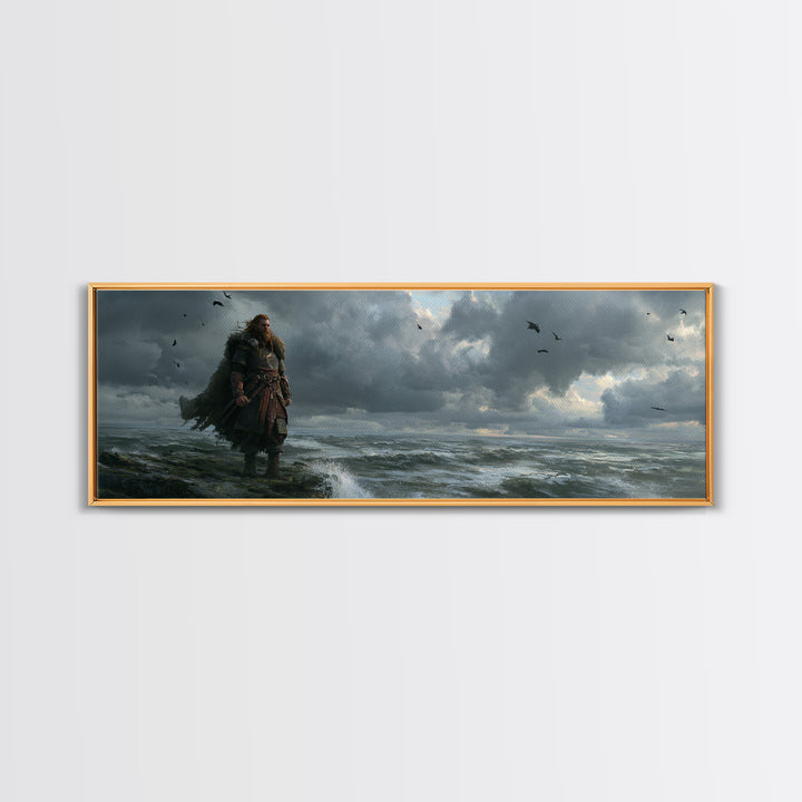 Stormy Viking By Rough Sea Framed Canvas Print, Dark Nordic Warrior Wall Decor, Raven Coastal Fantasy Art For Living Room