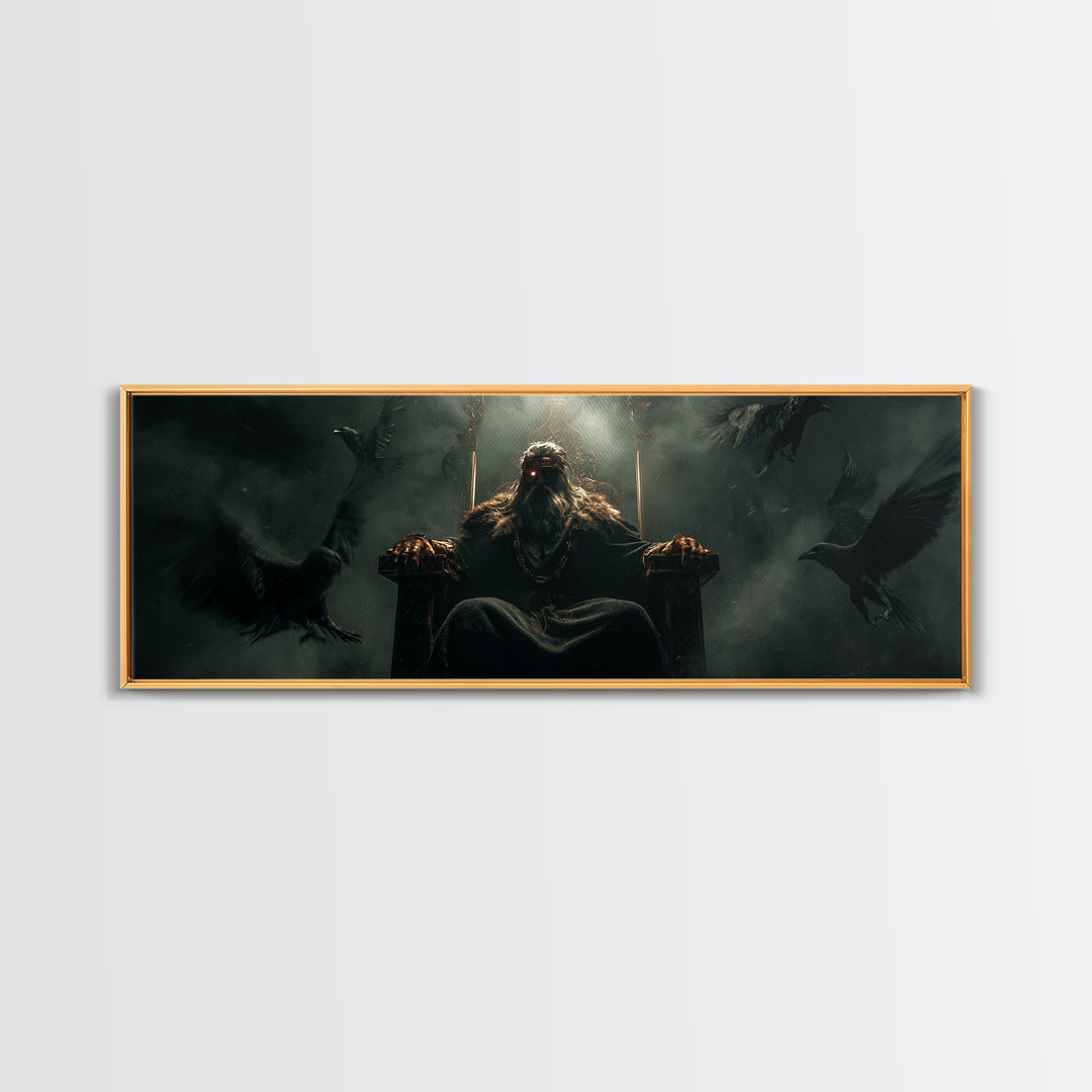 Raven King On Shadow Throne Wall Art, Dark Fantasy Framed Canvas Print, Gothic Castle Decor, Moody Statement Artwork, Game Room Decor