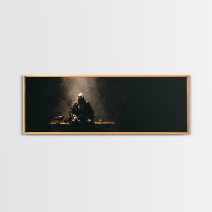 Seated Warrior In Shadow With Raven Framed Canvas Print, Dark Academia Wall Art, Gothic Medieval Decor, Moody Art, Man Cave Decor