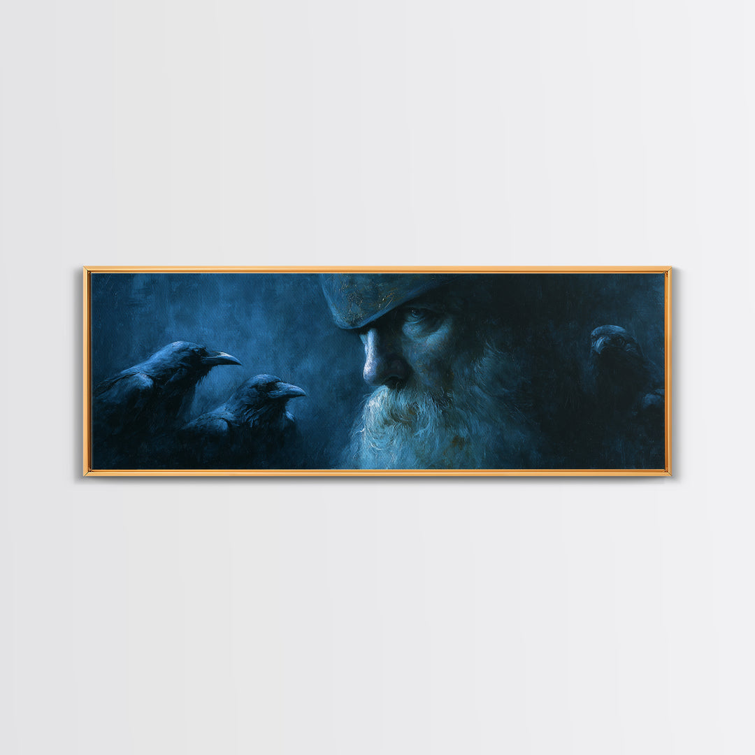 Odin With Ravens In Blue Shadow Canvas Print, Norse Mythology Wall Art, Viking Decor, Dark Academia Gift For Him, Moody Office Decor